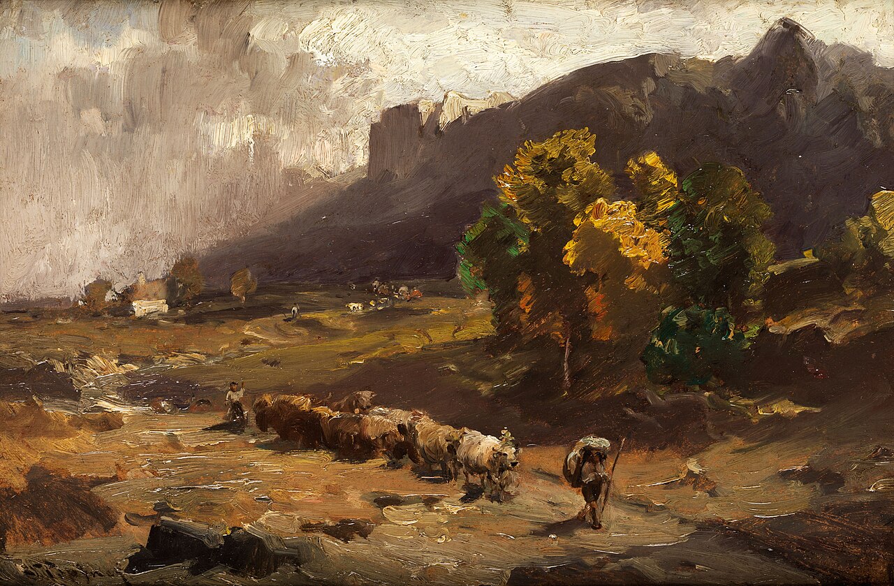 Pintura de Josef Wopfner, de cerca de 1896, mostrando a descida do gado enfeitado no Tirol