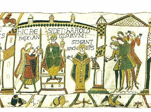 Harold e coroado rei dos ingleses ao lado do arcebispo Stigand na Tapecaria de Bayeux