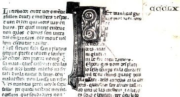 Página de um cancioneiro medieval de trovadores occitanos, com texto e ilustração