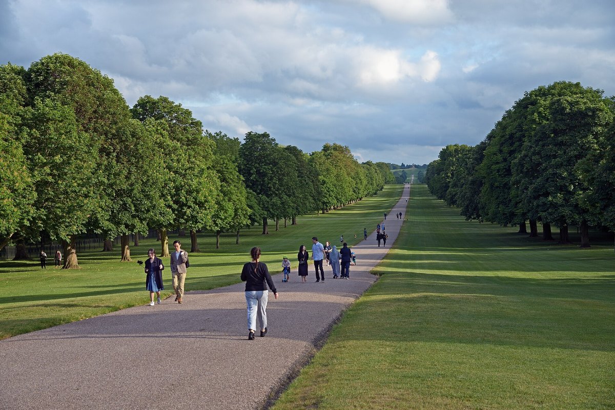 Avenida da Long Walk, ladeada por árvores, em direção à estátua do Copper Horse no Windsor Great Park