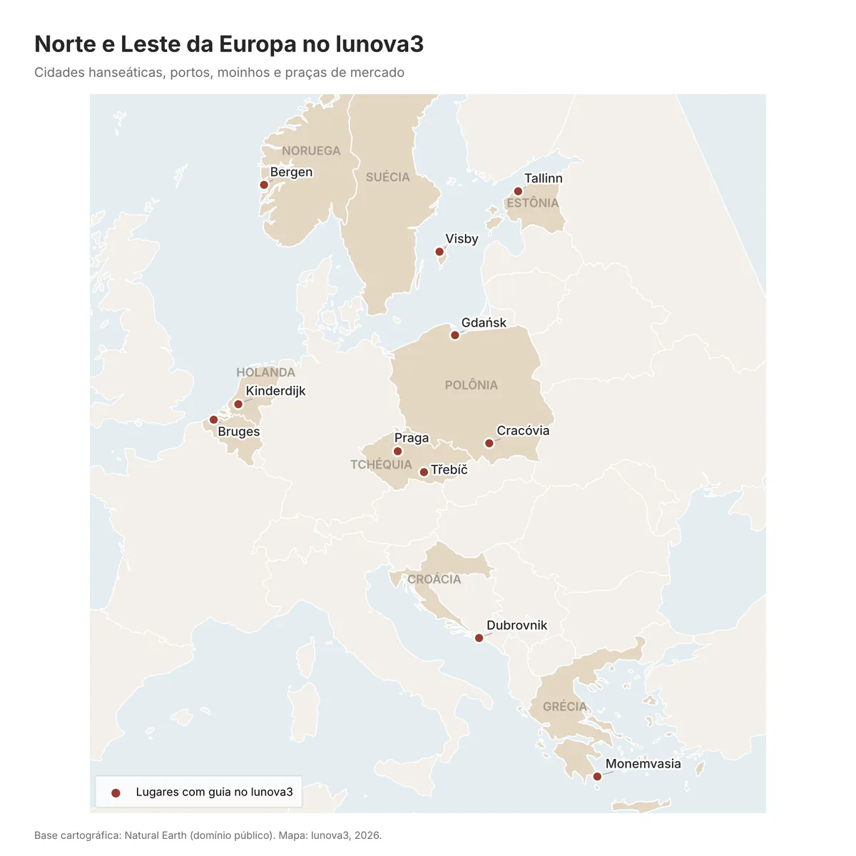 Mapa do norte e do leste da Europa com Bruges, Kinderdijk, Bergen, Visby, Tallinn, Gdańsk, Cracóvia, Praga, Třebíč, Dubrovnik e Monemvasia marcados.