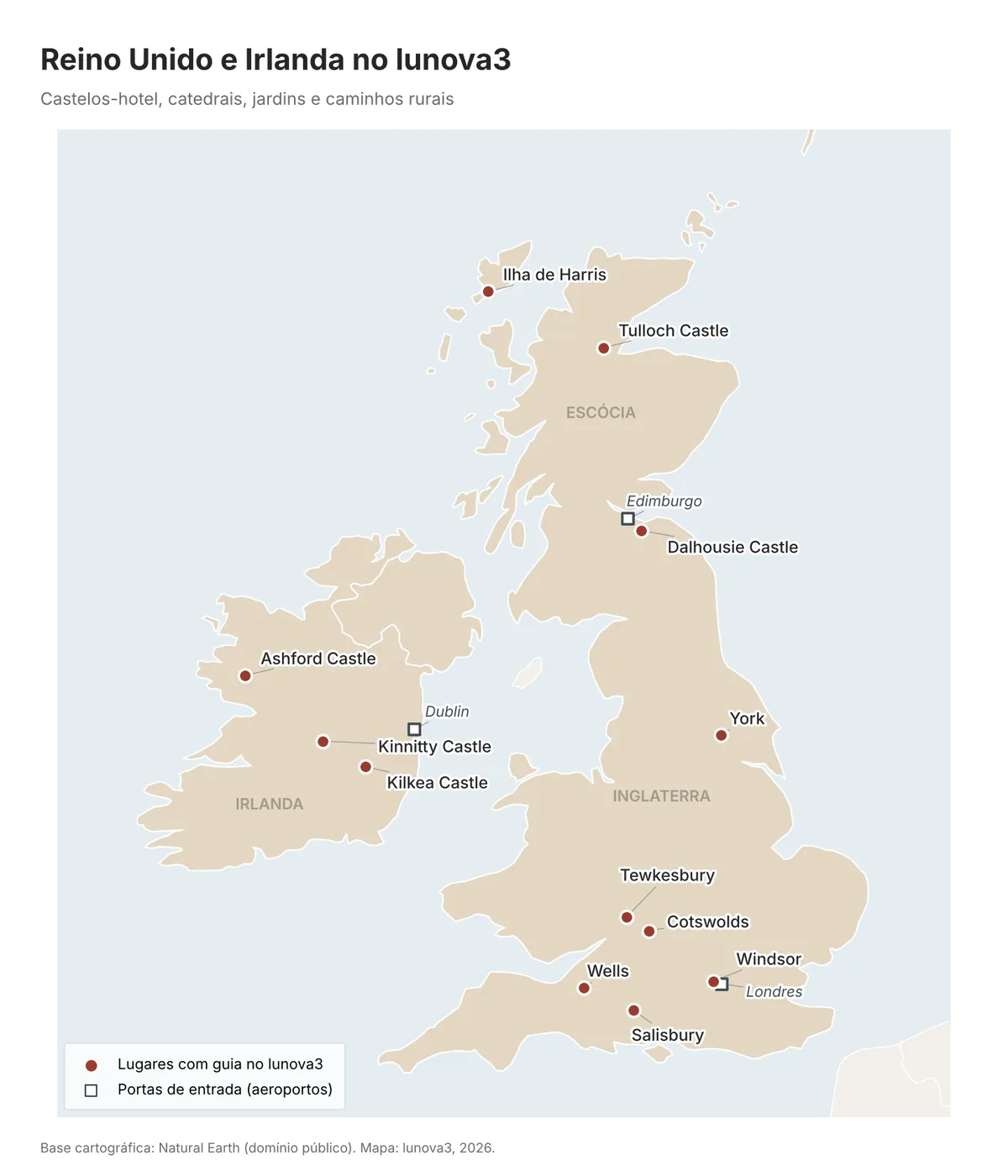 Mapa do Reino Unido e da Irlanda com os castelos-hotel de Ashford, Kinnitty, Kilkea, Tulloch e Dalhousie, além de Windsor, Cotswolds, Salisbury, Wells, Tewkesbury, York e a Ilha de Harris, com Londres, Dublin e Edimburgo como portas de entrada.